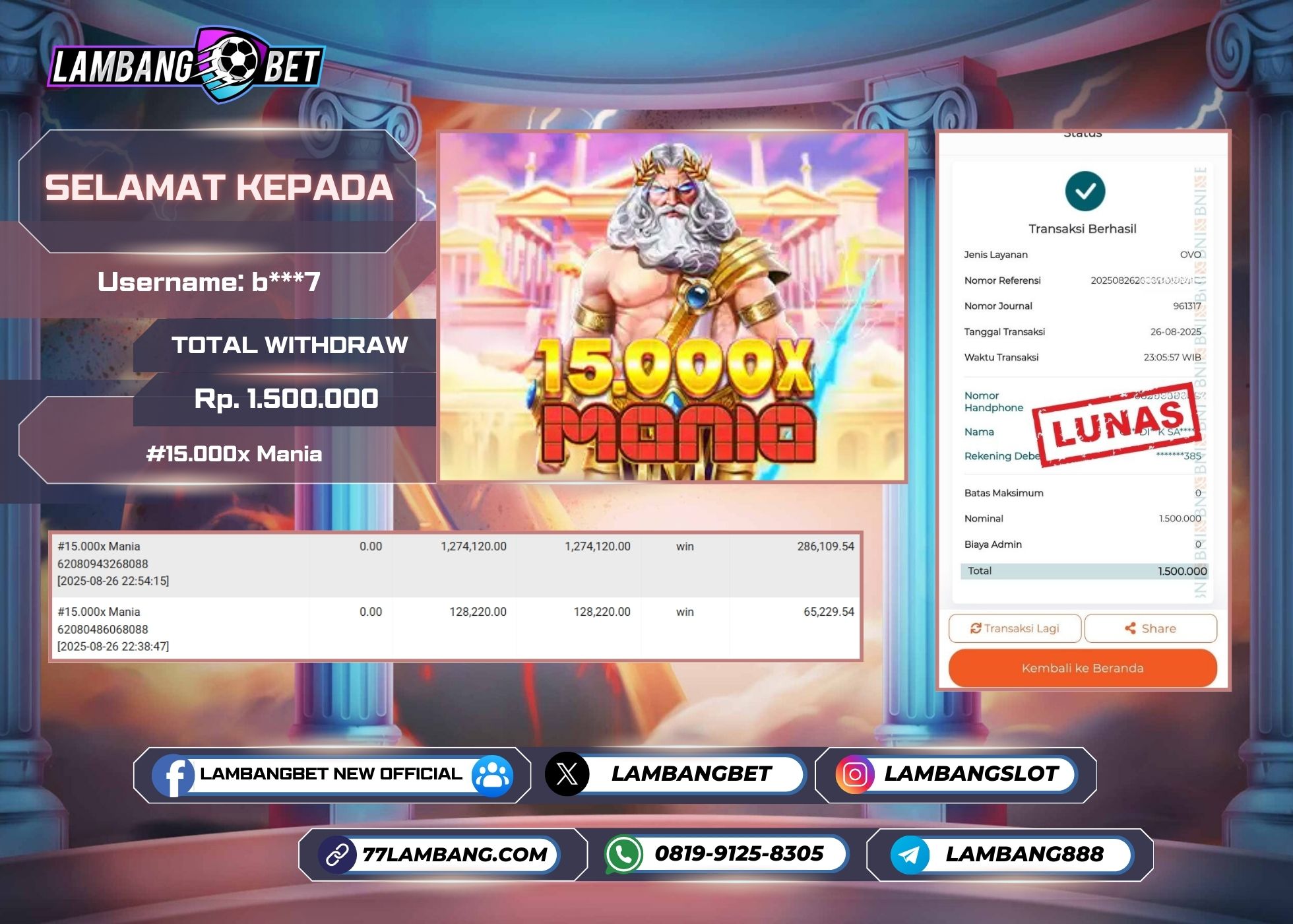 LAMBANGBET [26 AUGUST 2025] JACKPOT SLOT 15.000x Mania "Rp1.500.000" LUNAS
